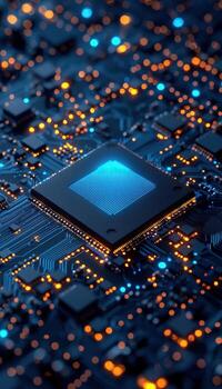 Close-up of a microchip on a circuit board with glowing orange and blue lights in an electronic device photo