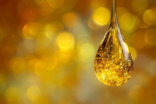 A single golden liquid drop suspended in air with sparkling light reflections and a radiant glowing bokeh background creating a luxurious abstract effect photo