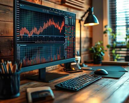 View of a computer monitor displaying financial stock charts in a modern workspace photo