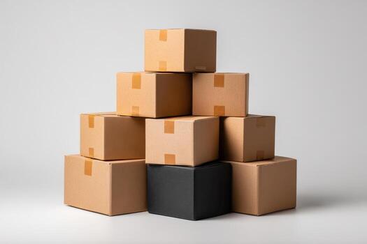 A collection of brown cardboard boxes stacked in a pyramid shape with a single black box standing out at the base on a neutral background photo