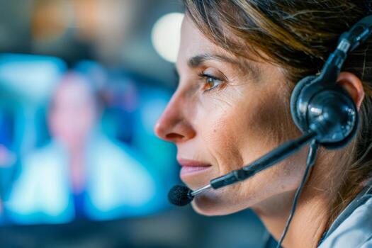 Focused female call center representative wearing a headset providing customer support with blurred computer screen in the background during work hours photo