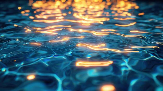 Abstract view of water surface with colorful reflections and ripples at sunset photo