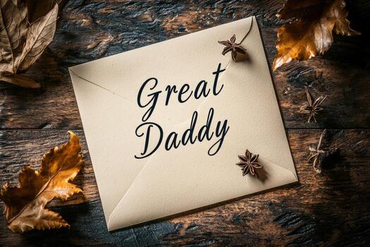 A heartfelt message for father on a beige envelope surrounded by autumn leaves and star anise on a rustic wooden surface photo