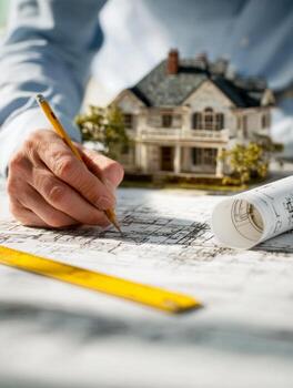 Architect working on detailed residential blueprints with pencil and ruler while referencing a miniature house model in a creative planning session photo