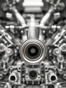 High-performance metallic engine components arranged symmetrically with focus on central exhaust or intake pipe highlighting precision engineering details in monochrome t photo