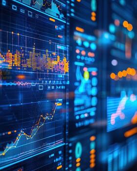 Digital financial data and stock market analytics on multiple monitors with glowing charts and graphs photo
