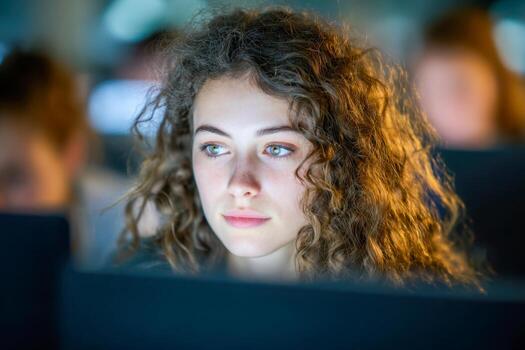 joven mujer con Rizado pelo enfocado en computadora pantalla trabajando en tenuemente iluminado ambiente con borroso cifras en antecedentes representando concentración y tecnología utilizar foto