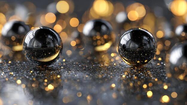 brillante negro vaso esferas dispersado en un reflexivo superficie con dorado bokeh luces creando un elegante y misterioso espumoso antecedentes composición foto