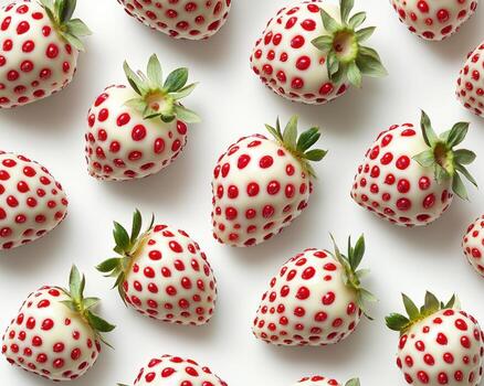 Strawberries covered in white chocolate with red dots on a white background photo