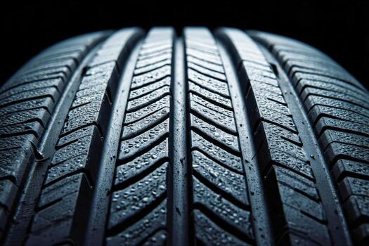 Detailed view of a wet tire tread pattern showing water droplets on the rubber surface under dramatic lighting emphasizing texture and grip performance photo