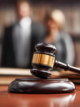 Close-up of a judicial gavel resting on a sound block in a courtroom setting, with blurred figures of a judge and a lawyer in the background, symbolizing legal authority and justic photo
