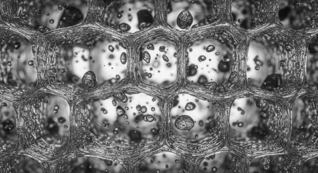 An abstract close-up of bubbles in a hexagonal structure. photo