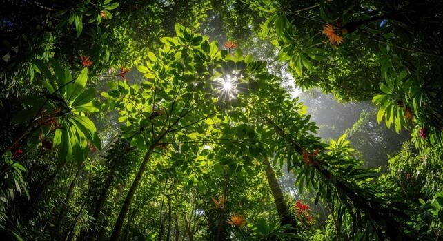 Lush tropical forest with sunlight filtering through the canopy. photo
