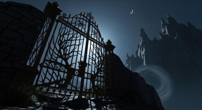 A gate in the dark with a moon in the background photo