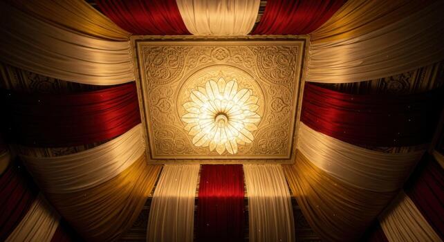 A ceiling with red, white and gold curtains photo
