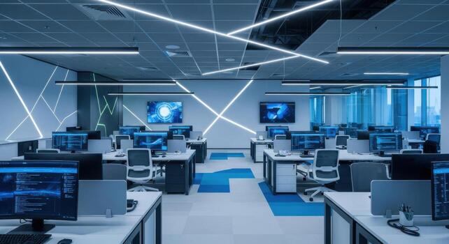 A large office with multiple computers and monitors photo