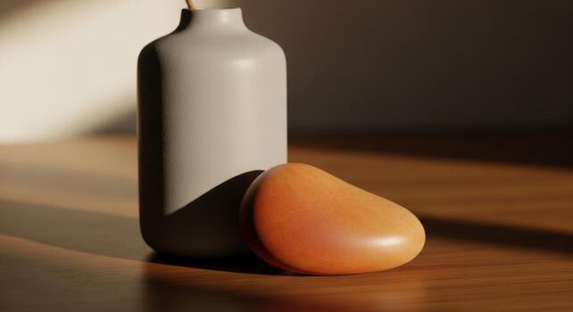 A bottle and a pear on a table photo