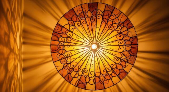 A circular stained glass lamp with a golden design photo