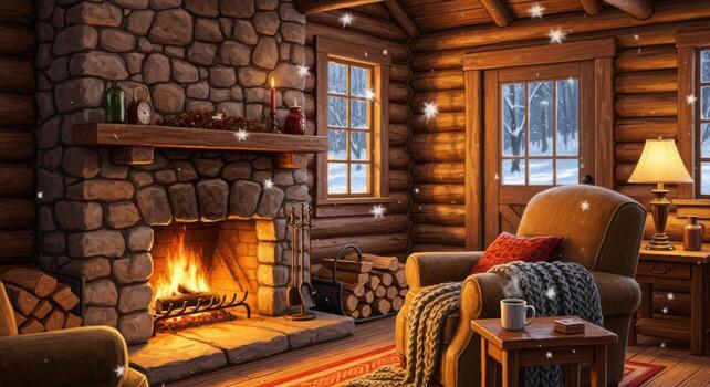 A cozy log cabin with a fireplace and chairs photo