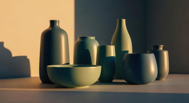 A group of vases and bottles sitting on a table photo