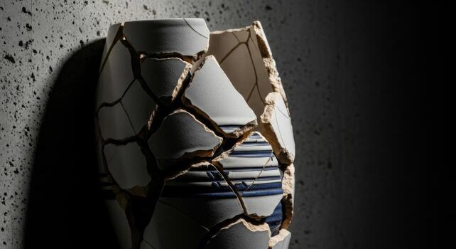 A vase with a crack in it sitting on a wall photo