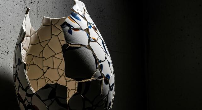 A broken vase with a cracked surface sitting on a table photo