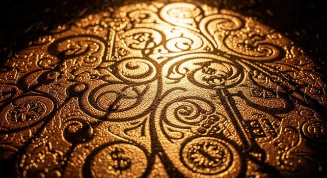 un cerca arriba de un oro estampado superficie foto