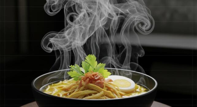 A bowl of noodles with steam rising from it photo