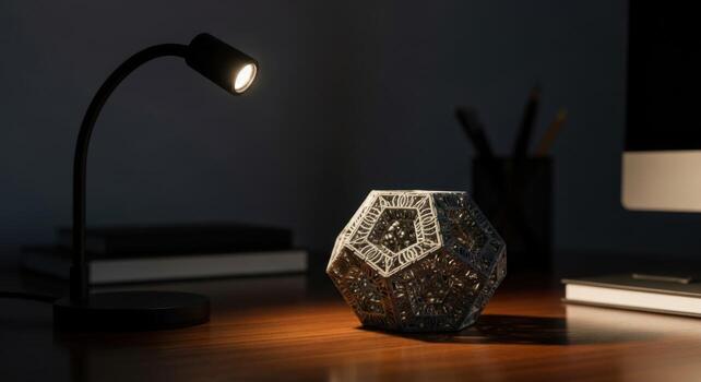 A lamp on a desk next to a computer photo