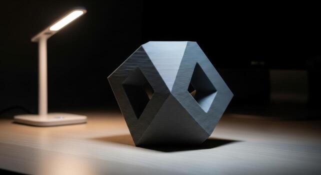A 3d printed object on a desk with a lamp photo