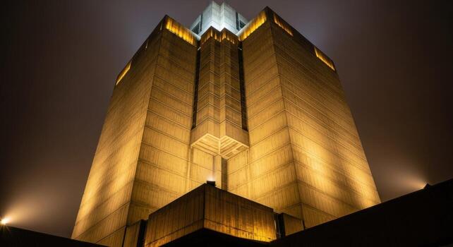 The tall building is lit up at night photo