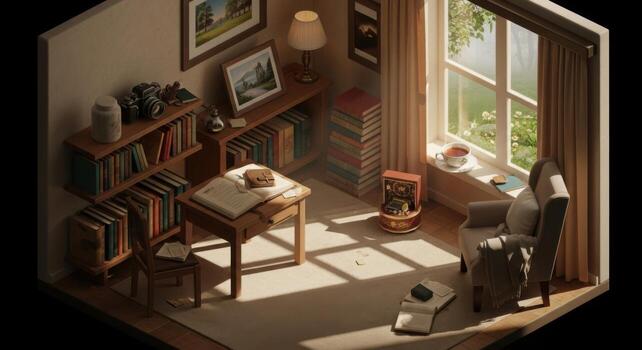 A room with a chair, books, and a window photo
