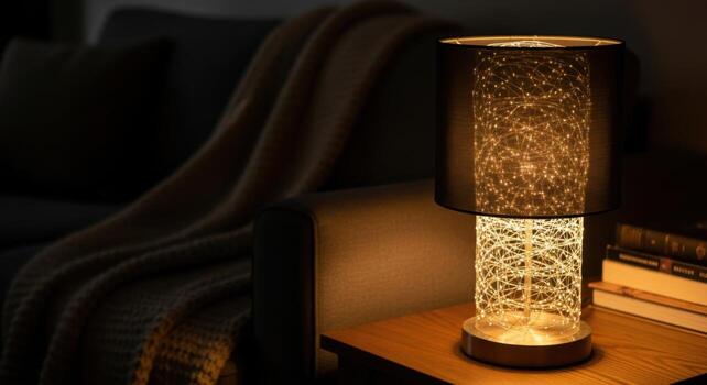 A lamp with a black shade and a white light photo