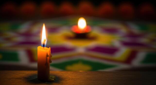 A candle is lit on a table with a colorful background photo