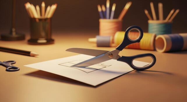 A pair of scissors and a piece of paper on a table photo