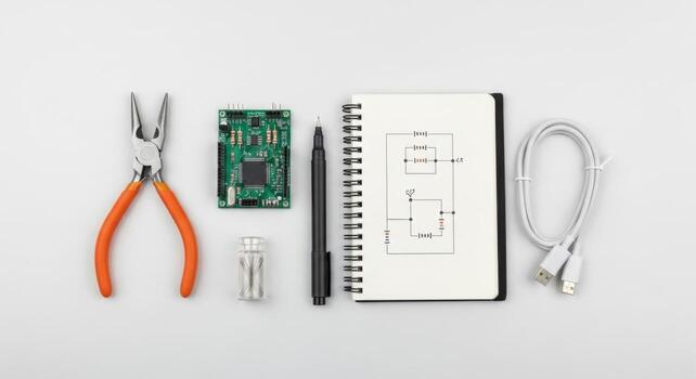 A notebook, a pair of pliers, a screwdriver, and a power supply photo
