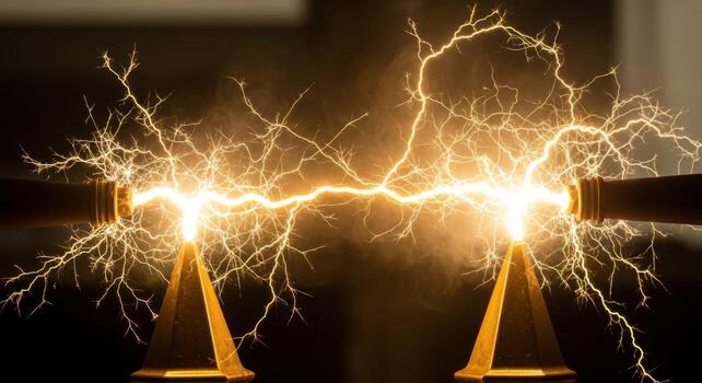 Two electric poles with lightning coming out of them photo