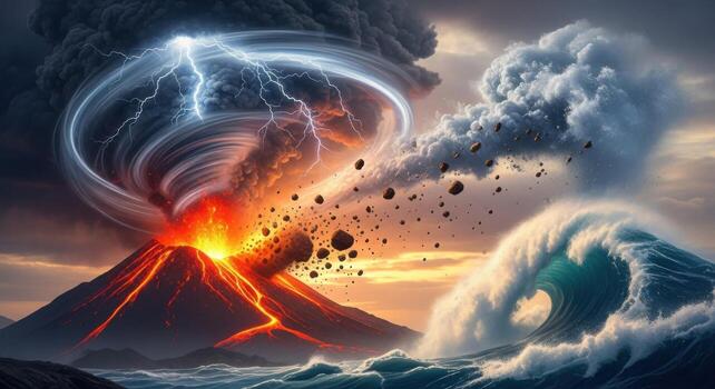 Volcano erupting and lightning strike on the ocean photo