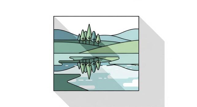 A poster with a lake and mountains in the background photo