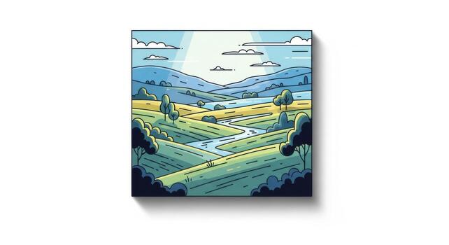 A card with a picture of a river and hills photo