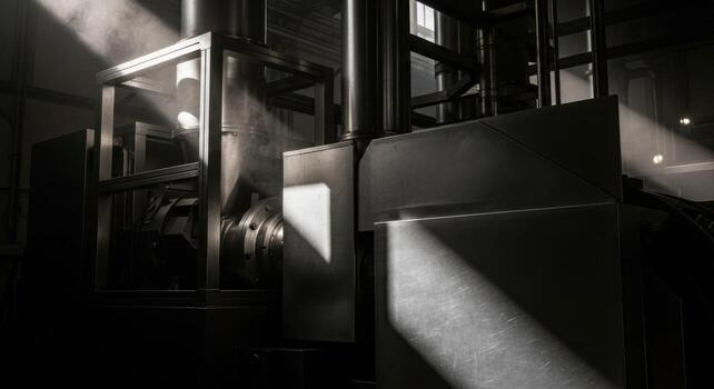 A black and white photo of a machine in a factory