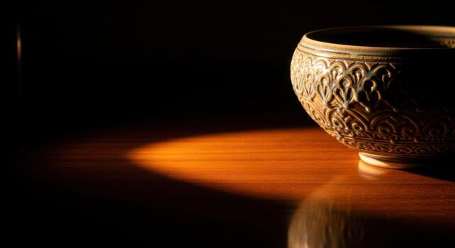 A cup sitting on a table in the dark photo