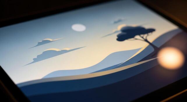An ipad with a landscape scene on it photo