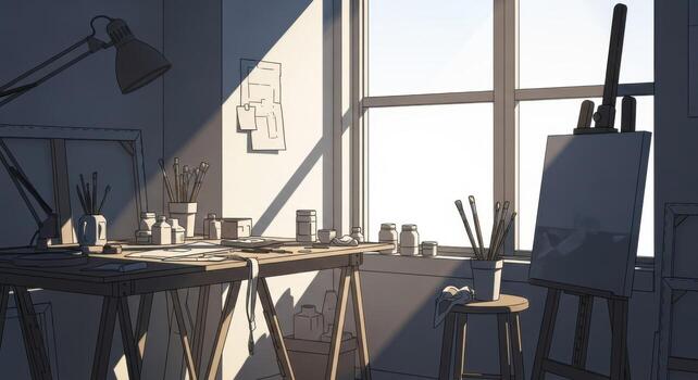 An artist's studio with a desk, easel, and a lamp photo