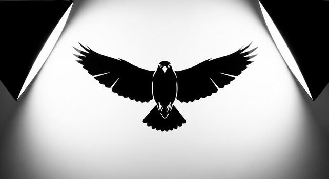 A black and white image of a bird flying in the dark photo