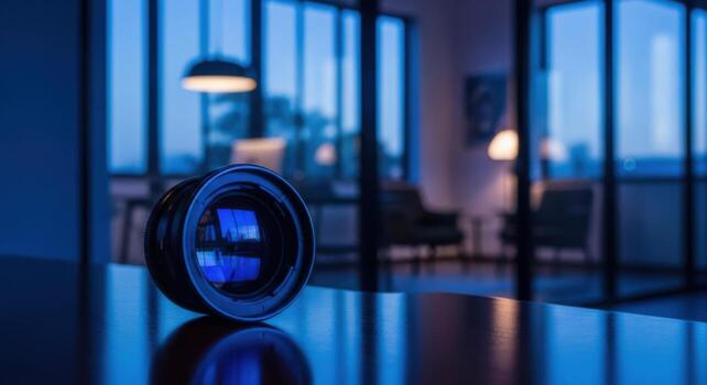 A camera lens on a table in front of a window photo
