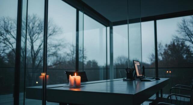 un vela es iluminado en un escritorio en frente de un ventana foto