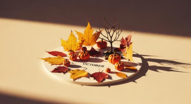 A plate with leaves and pumpkins on it photo