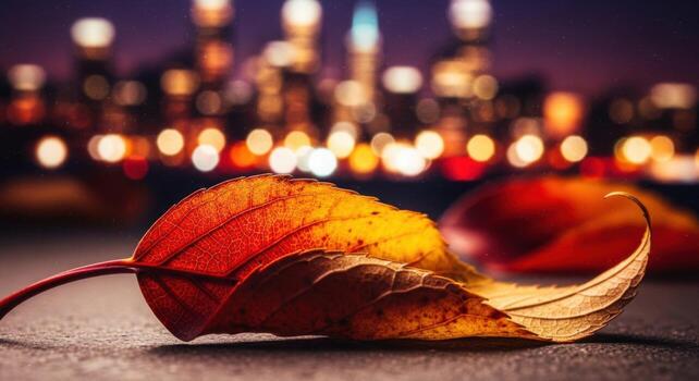 Autumn leaf on the ground with city lights in the background photo