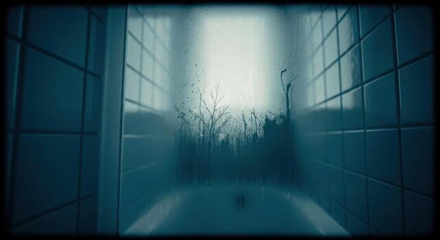 A dark bathroom with a window and a door photo